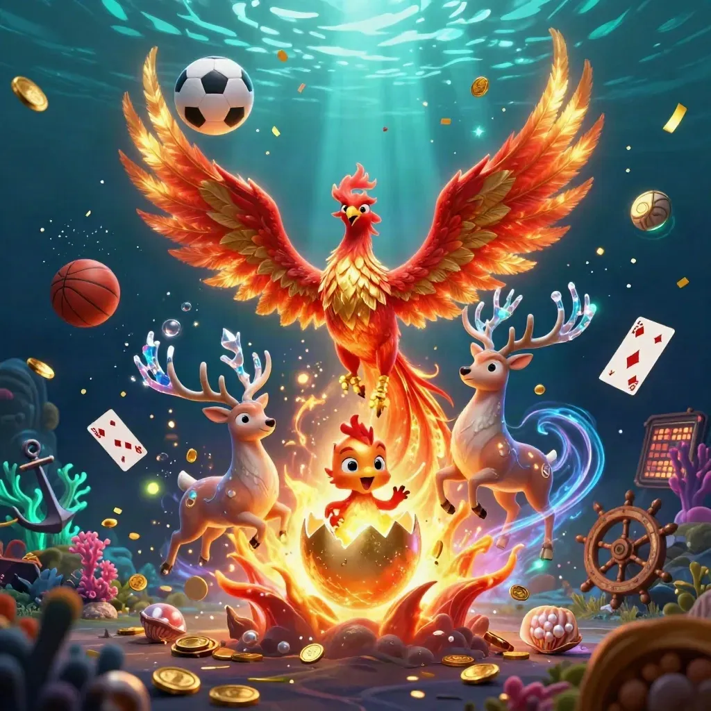 Phoenix, hert en babyphoenix in een onderwater schatbaai met munten, kaarten en sportballen.