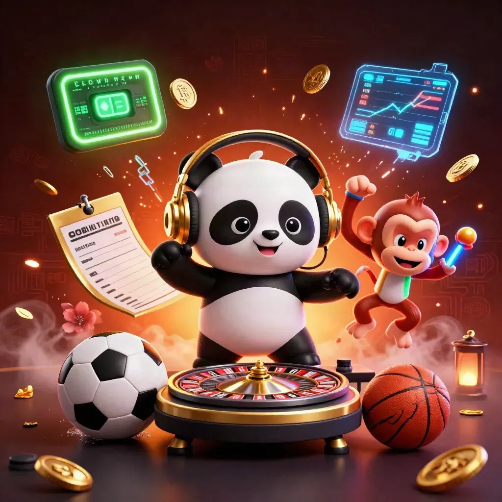 DJ-panda, dansende aap en lichtgevende kitten met casino-iconen, ballen en neon effecten