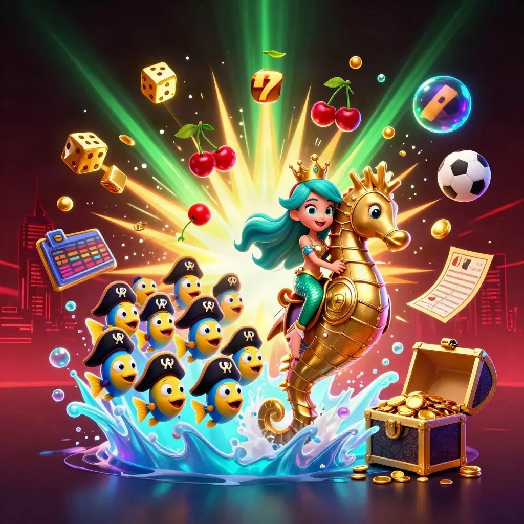 Zeemeermin op zeepaard met jackpot, munten, ballen en neon casino-glans.