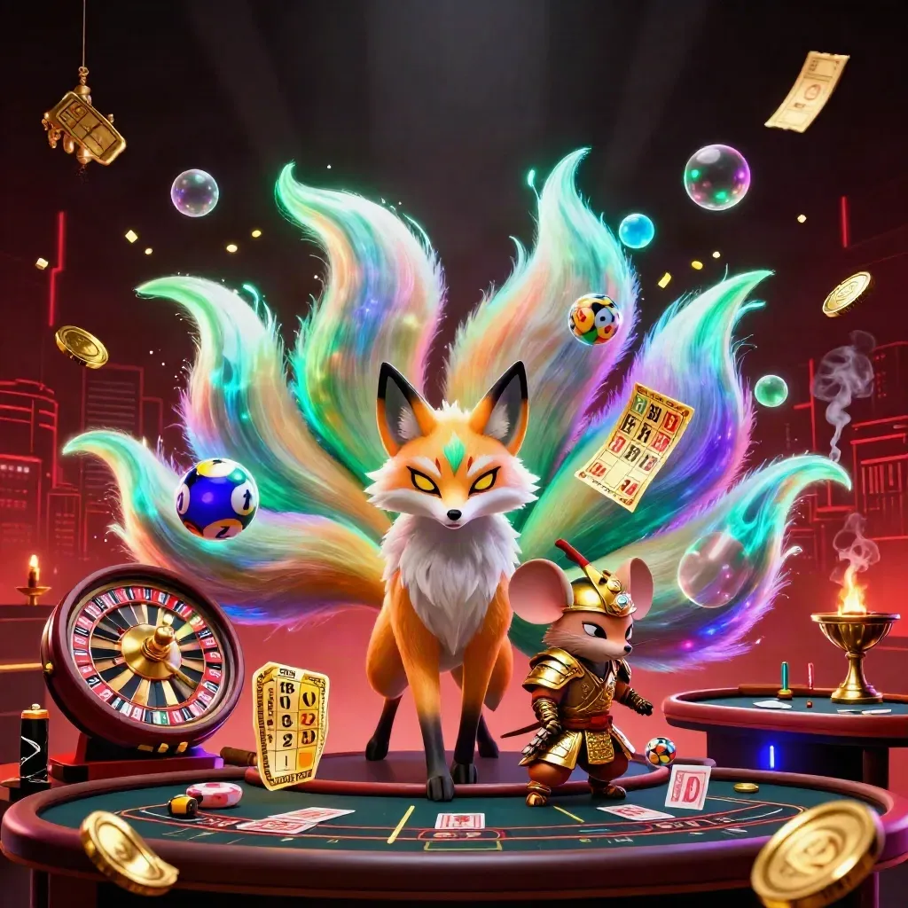 Neonvos en samoeraimuis tussen casino-elementen, met gouden licht en donkere skyline.