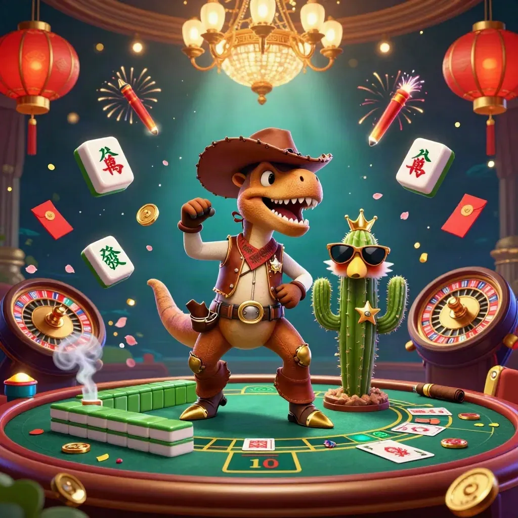 3D cartoon cowboy T-Rex, cactus en roadrunner in een luxe casinoroom met gouden glans