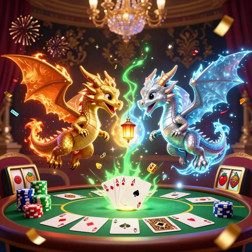 Gouden en zilveren draken met vuur en ijs, pokerchips, fruit en neon casino-gloed.
