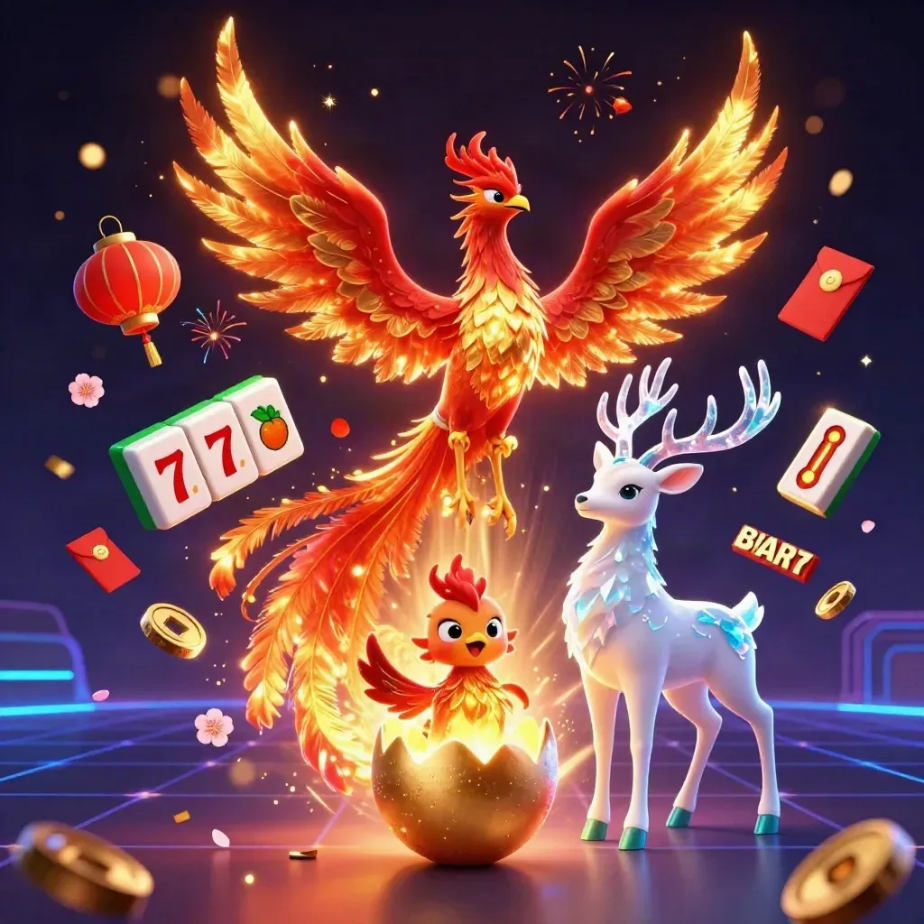 Drie magische casinofiguren: vuurphoenix, hert en kuiken met gouden glow in neon casino-stijl.
